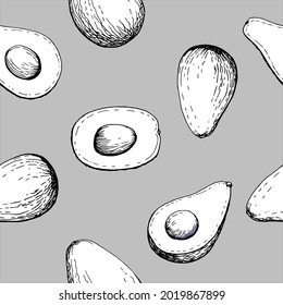 Seamless pattern. Avocado for printing on fabric and vegan food packaging. Texture for ecological and healthy food. Health products. Handwritten graphic technique 