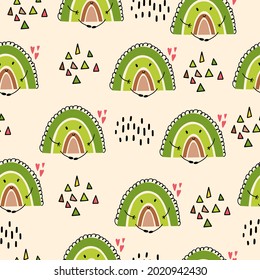 Seamless pattern with avocado - rainbows. Doodle style. Design of fabrics, clothing, notebooks, notebooks, albums, wallpapers with rainbows - avocado. Cute kawaii. 