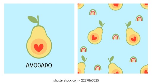 Patrón sin foco con aguacate con corazones rojos y arcos de fondo azul. Icono de aguacate e ilustración vectorial de fuente escrita a mano.