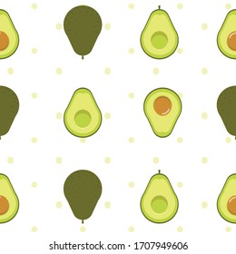 The seamless pattern of avocado and seed in the white background and green polka dot.
