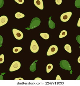 Seamless Pattern Avocado set of whole and halves with a bone. Vector illustration of fresh avocado fruit.