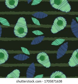 Seamless pattern avocado shapes and leaves striped repeat endless background cover texture for textile, clothing, carpets, curtains, wrapping paper, wallpapers, fashion fabric prints