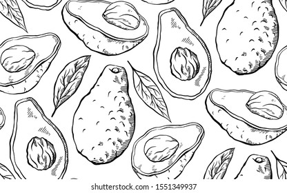 Seamless pattern with avocado sketch on a white background.  Engraving illustration with hatching. Healthy keto diet. Vector texture for wallpapers, fabrics, backgrounds and your design.