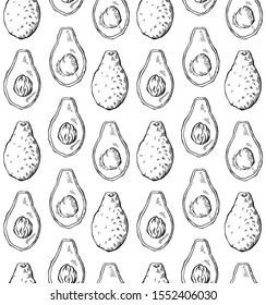 Seamless pattern with avocado sketch in row on white background.  Engraving illustration with hatching. Healthy keto diet. Vector texture for wallpapers, fabrics, backgrounds and your design.