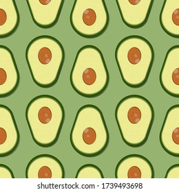 Seamless pattern of avocado. Sliced avocado the top view on a green background. Design for print on paper, Wallpaper and textiles