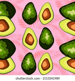 Seamless pattern with avocado slices and leaves of monstera on light background