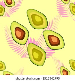Seamless pattern with avocado slices and leaves of monstera on light background