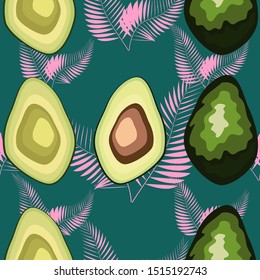 Seamless pattern with avocado slices and leaves of monstera on light background