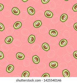 Seamless pattern of avocado and avocado slices in outline on a pink background