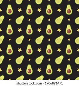 Seamless pattern with avocado and stars on a dark background. Bright spring or summer print with fruits or vegetables, healthy food for clothing, wrapping paper, web. Vector flat illustration