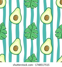 seamless pattern of avocado and summer leaves with colored doodle style
