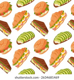 Padrão perfeito com torrada de abacate, sanduíches, bagel, croissant em estilo plano. Perfeito para design de comida, menu café, decoração de restaurante e pacote de comida em um fundo branco.