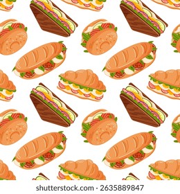 Padrão perfeito com torrada de abacate, sanduíches, bagel, croissant, baguette em estilo plano. Perfeito para o design da entrega, menu do restaurante, papel de parede da cozinha e pacote de comida em um fundo branco.