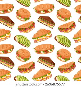 Seamless pattern with avocado toast, sandwiches, bagel, croissant, baguette in flat style. Perfect for kitchen design, cafe menu, kitchen background and food packaging.
