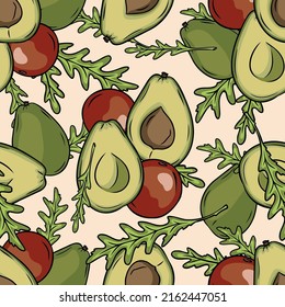 Seamless pattern with avocado tomatos and arugula