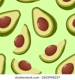 Seamless pattern with avocado Tropical healthy green fruit halves with seeds. Fruit for healthy eating. Vector template on isolated background for packaging, banner and textiles