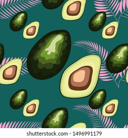 Seamless pattern with avocado and tropical leaves