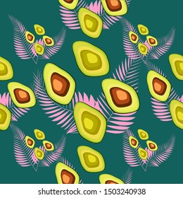 Seamless pattern with avocado and tropical leaves