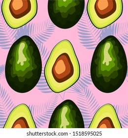 Seamless pattern with avocado and tropical leaves