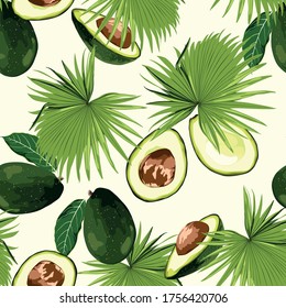 Seamless pattern with avocado and tropical leaves. 