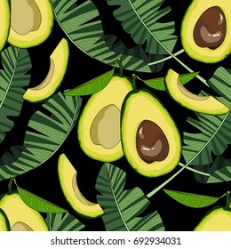Seamless pattern with avocado and tropical leaves. Vector illustration.