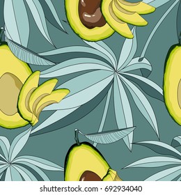 Seamless pattern with avocado and tropical leaves. Vector illustration.
