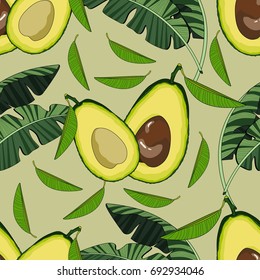 Seamless pattern with avocado and tropical leaves. Vector illustration.