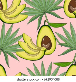 Seamless pattern with avocado and tropical leaves. Vector illustration.