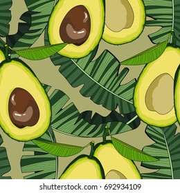 Seamless pattern with avocado and tropical leaves. Vector illustration.