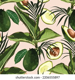 Patrón sin foco con aguacate y hojas de palma tropicales. Fondo rosa.