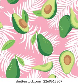 Patrón sin foco con aguacate y hojas de palma tropicales. Alimentos veganos sanos. Ilustración moderna abstracta vectorial.