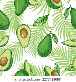 Seamless pattern with avocado and tropical palm leaves. Healthy vegan food. Vector illustration.