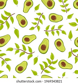 Seamless pattern avocado and twigs with leaves. White background. Vector illustration hand drawn