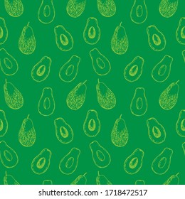 Seamless pattern avocado whole and cut, vector illustration, hand drawing, green color