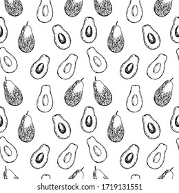 Seamless pattern avocado whole and cut, vector illustration, hand drawing