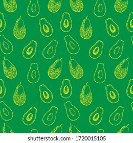 Nahtlose Muster avocado, ganz und ausgeschnitten, Vektorgrafik, Handzeichnung, grün und gelb