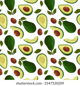 Rebanadas de aguacate enteras y en rodajas, con semillas sobre fondo blanco, Plantilla de Ilustración vectorial para la materia textil de la cocina, papel de embalaje