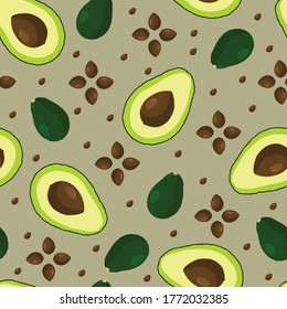 Seamless pattern with avocados and avocado slice. Vintage background for your design.