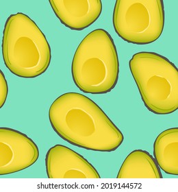 Seamless pattern with avocados. Half avocadoы pattern. Food background. Wallpaper, print, wrapping paper, modern textile design, banner, poster. Vector illustration. 