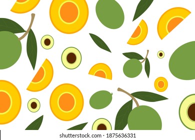 patrón sin fisuras con aguacates con hojas y su diseño vectorial de rodajas para fondos, afiches, banners, ilustración de envoltura de regalo.