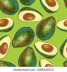 Seamless pattern with avocados on a green background. Whole avocados and halves of fruit. Exotic tropical fruits. Hand drawn, cartoon style. Vector illustration.