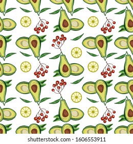 Seamless pattern with avocados on a white background. Vector illustration.
