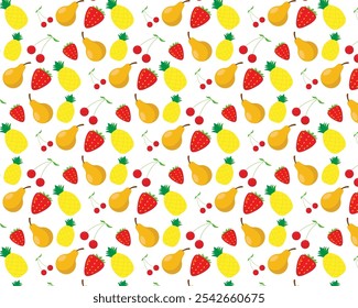 Seamless Pattern of Avocados, Pears, Strawberries, and Cherries – Fresh Fruit Background for Textiles, Packaging, and Graphic Design Projects