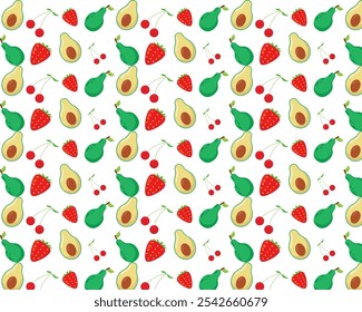 Nahtloses Muster aus Avocados, Birnen, Erdbeeren und Kirschen - Frischer Obsthintergrund für Textilien, Verpackungen und Grafikdesign-Projekte