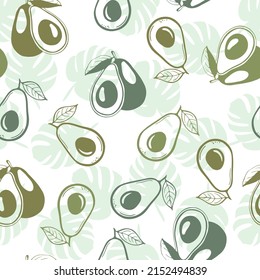 Seamless pattern with avocados . Print for clothing, textiles. Avocado and tropical leaves on a white background.