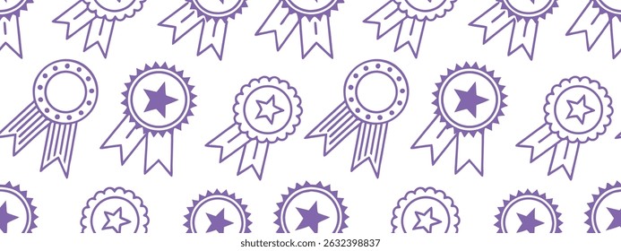 Seamless pattern of award ribbons and badges in purple outline on white background. Perfect for recognition, achievement, and celebration themes in design projects. 