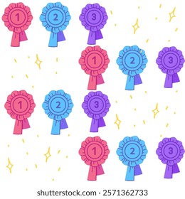 Seamless pattern of award ribbons in various colors on a white background. Ideal for competition-themed designs or event branding. Vector illustration