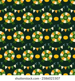 Seamless pattern of award rosettes, flag garlands, coins on dark green background. Traditional elements of st patrick's day. Vector illustration.