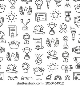 Seamless pattern with awards. Black and white thin line icons