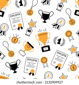 Seamless pattern with awards, trophy cups and first place medals. Winner concept. Doodle gold medal and champion trophy cup. Hand drawn award icons. Vector illustration on white background.